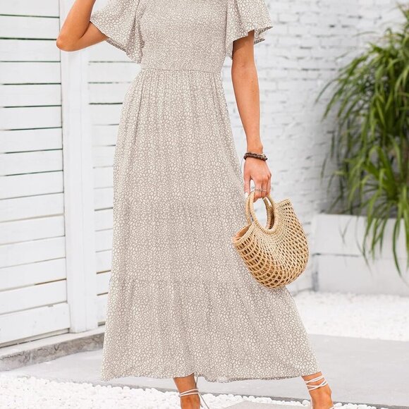 Women's 2025 Summer Casual Floral Print Short Flutter Sleeve Crew Neck Smocked H - Picture 2 of 7